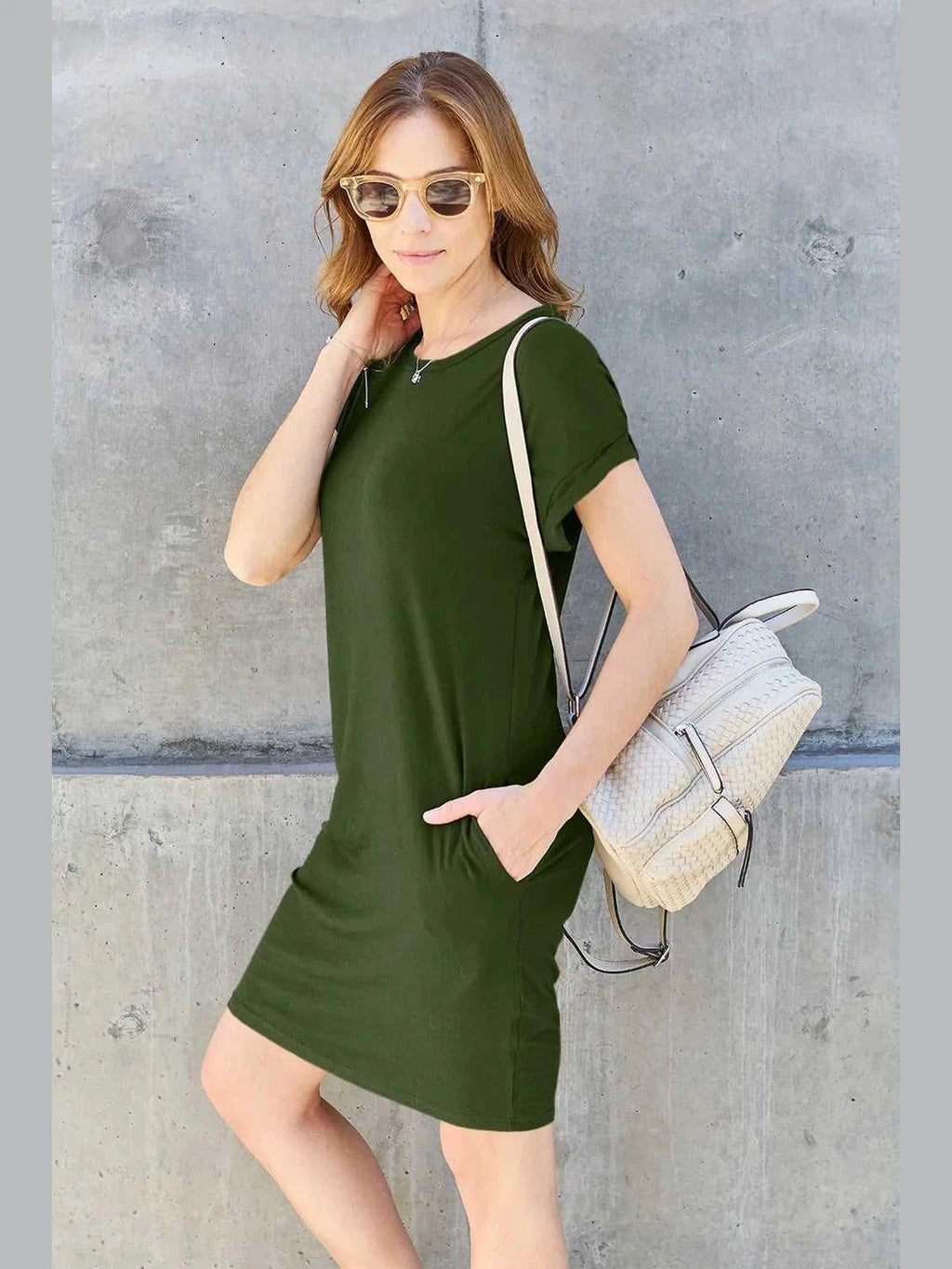 Basic Bae Full Size Round Neck Short Sleeve Dress with Pockets -- 