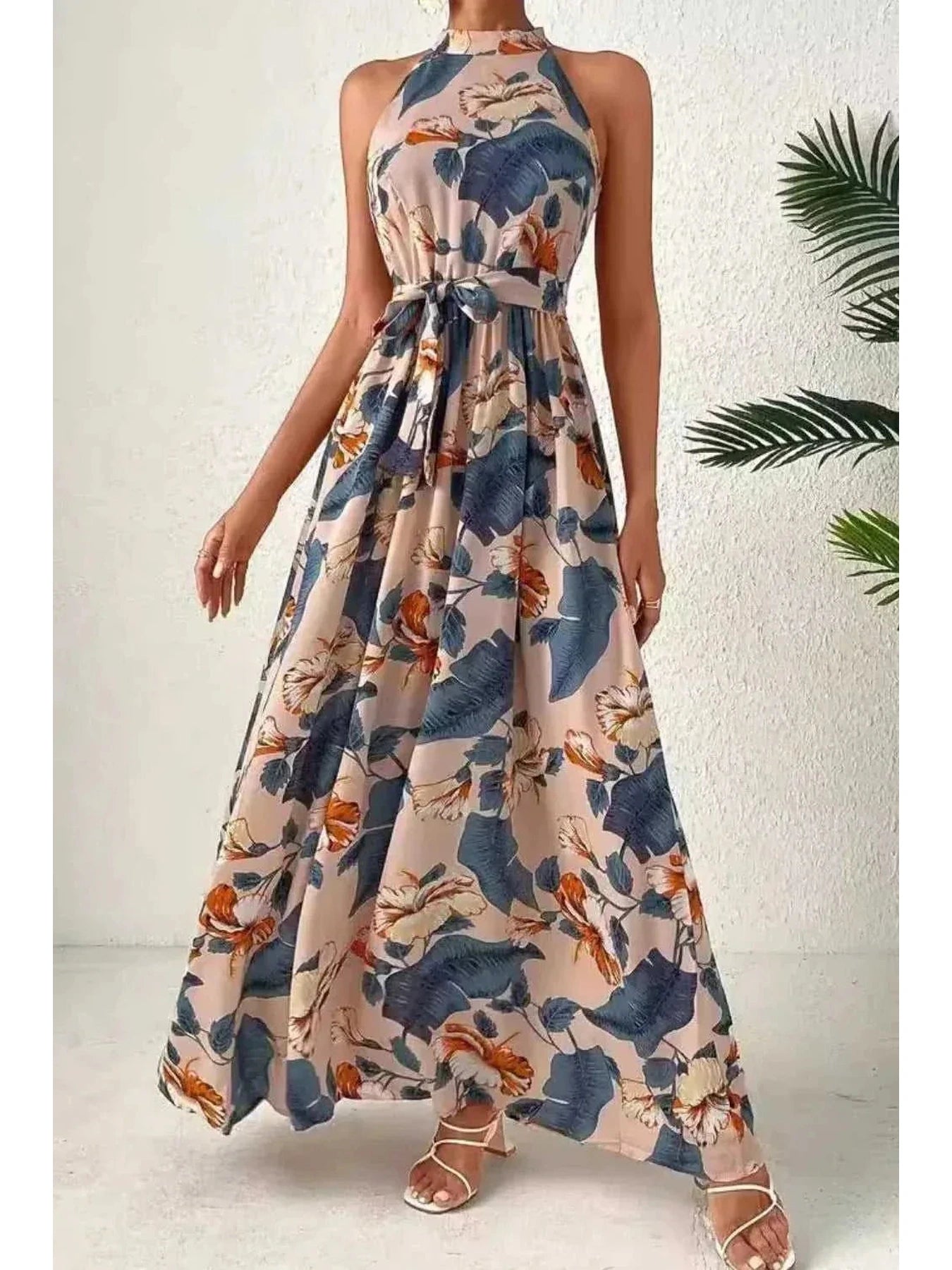 Tied Floral Sleeveless Dress -- 
