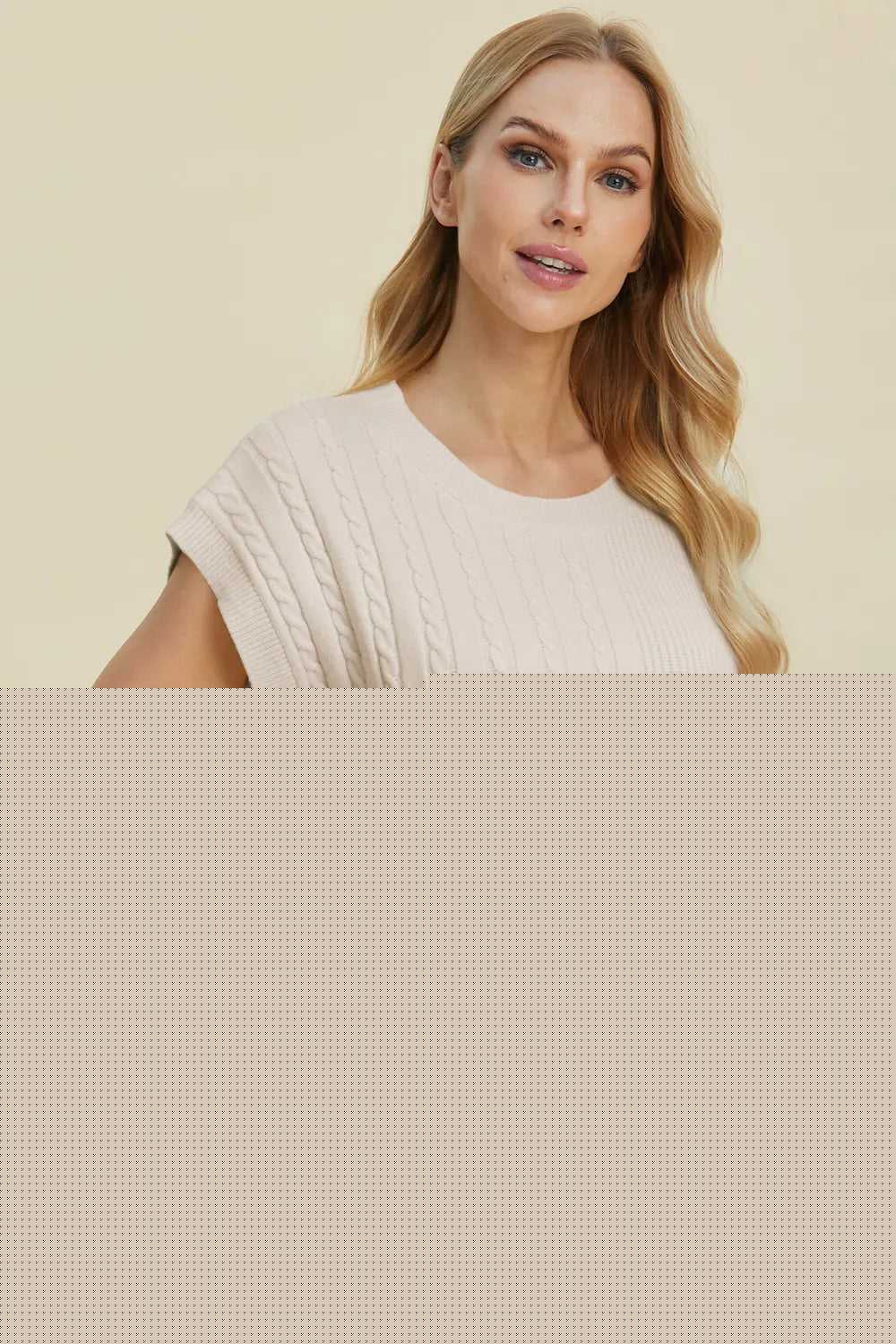 Double Take Full Size Cable-Knit Round Neck Short Sleeve Sweater
