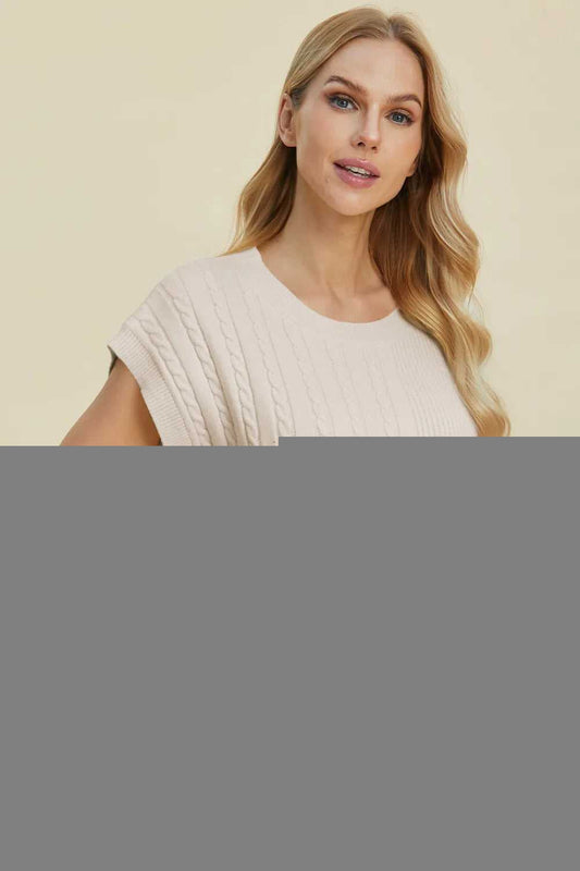 Double Take Full Size Cable-Knit Round Neck Short Sleeve Sweater