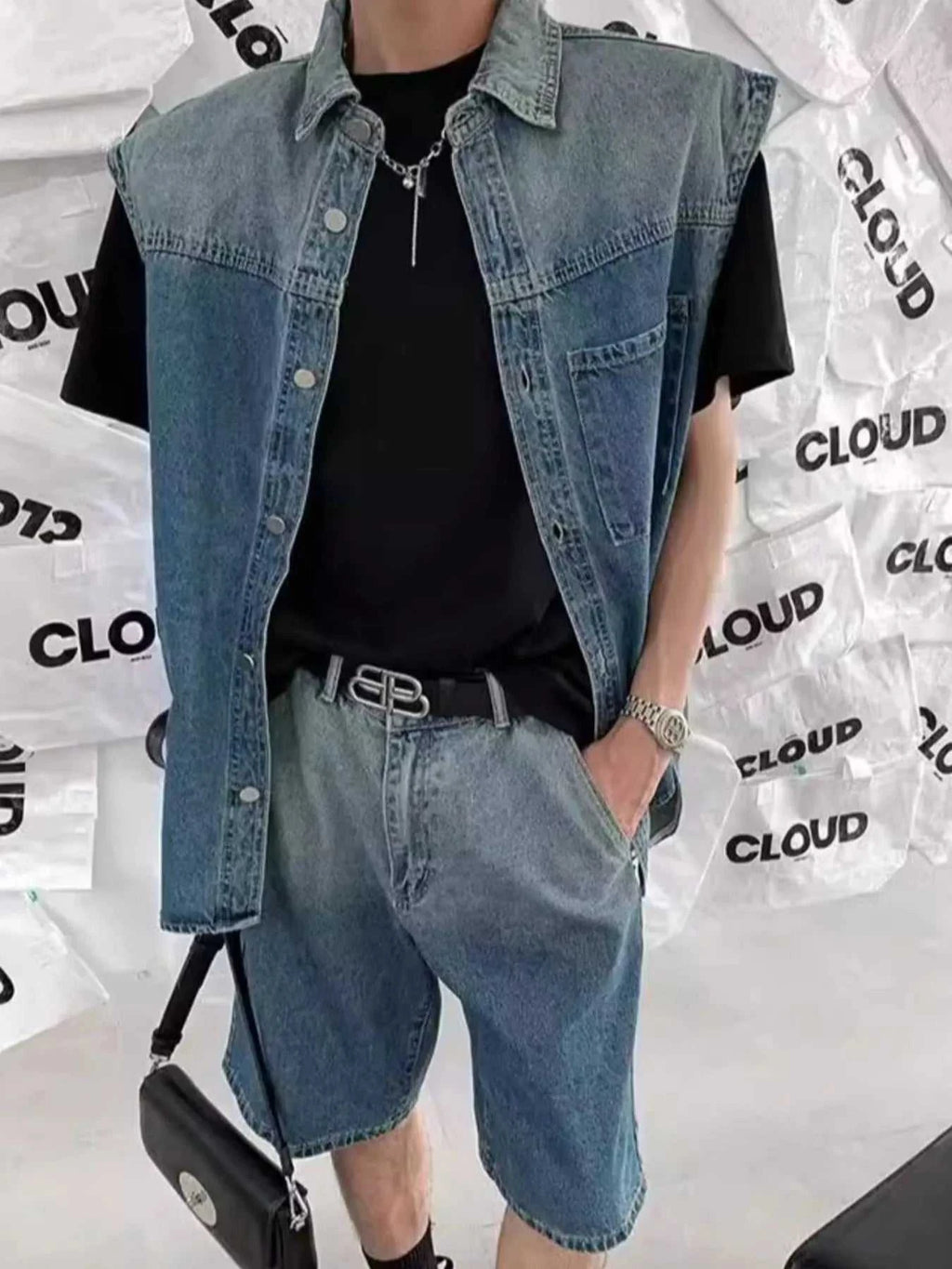 Men's Plus Size Button Up Vest and Shorts Denim Set