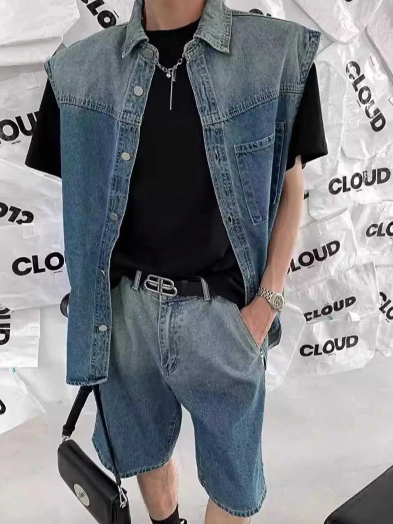 Men's Plus Size Button Up Vest and Shorts Denim Set