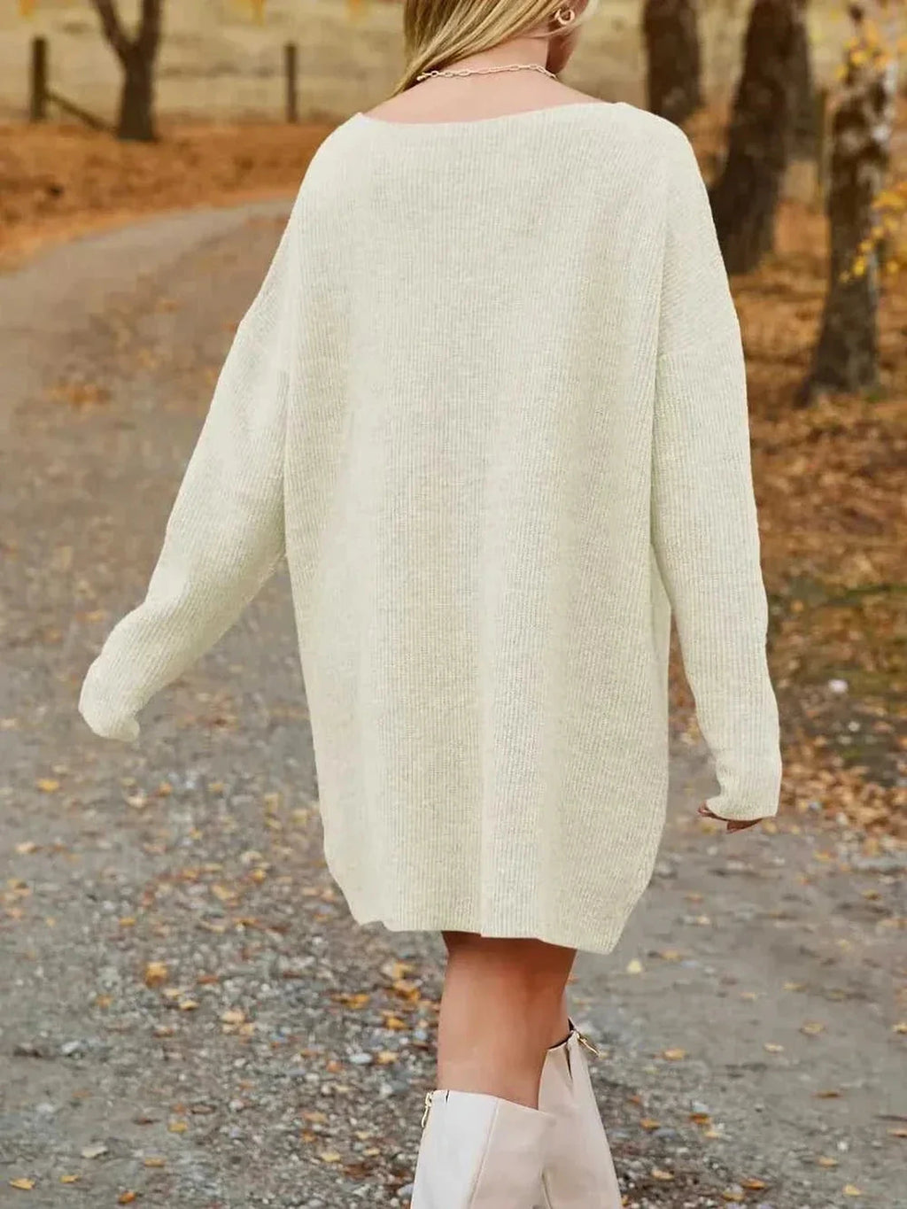 V-Neck Dropped Shoulder Sweater Dress -- 