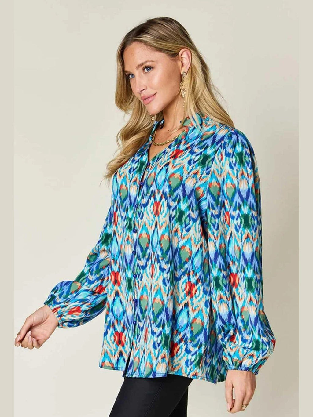 Double Take Full Size Printed Balloon Sleeve Blouse -- 