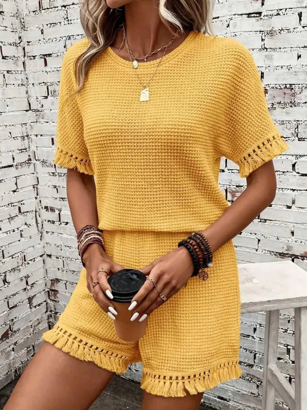 Tassel Round Neck Top and Shorts Set -- 