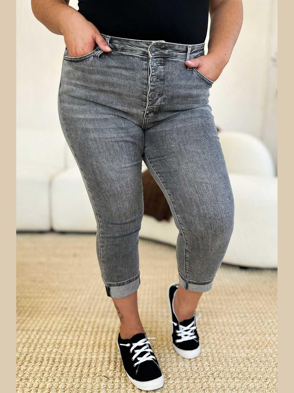 Judy Blue Full Size Button Fly High Waist Cuffed Capris -- 