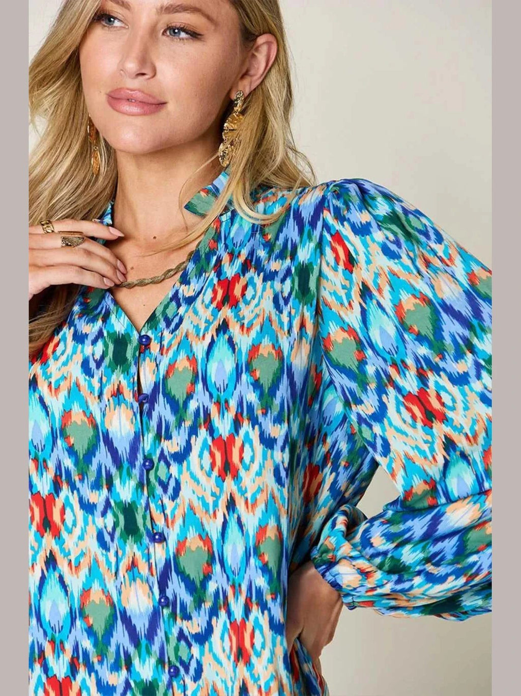 Double Take Full Size Printed Balloon Sleeve Blouse -- 