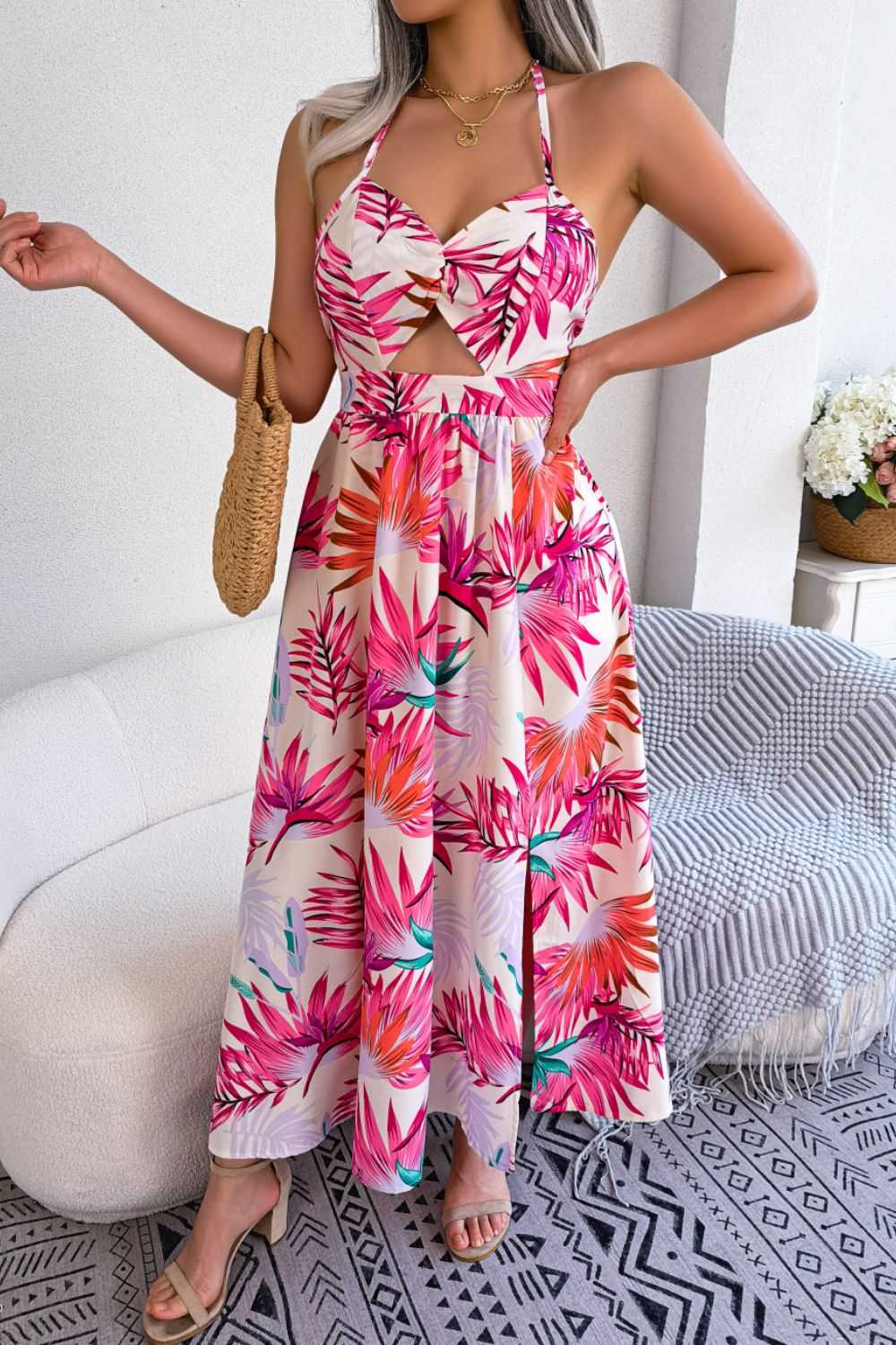 Botanical Print Tied Backless Cutout Slit Dress - product_type from hopeford-streams.myshopify.com