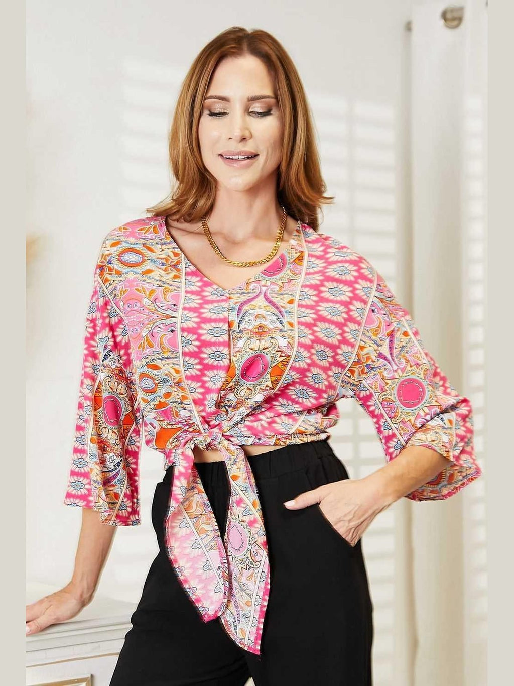 Tie Hem V-Neck Three-Quarter Sleeve Blouse -- 