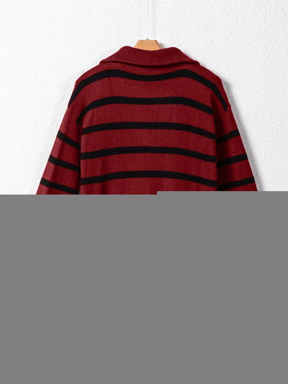 Striped O-ring Zip Collared Loose Sweater Mini Dress