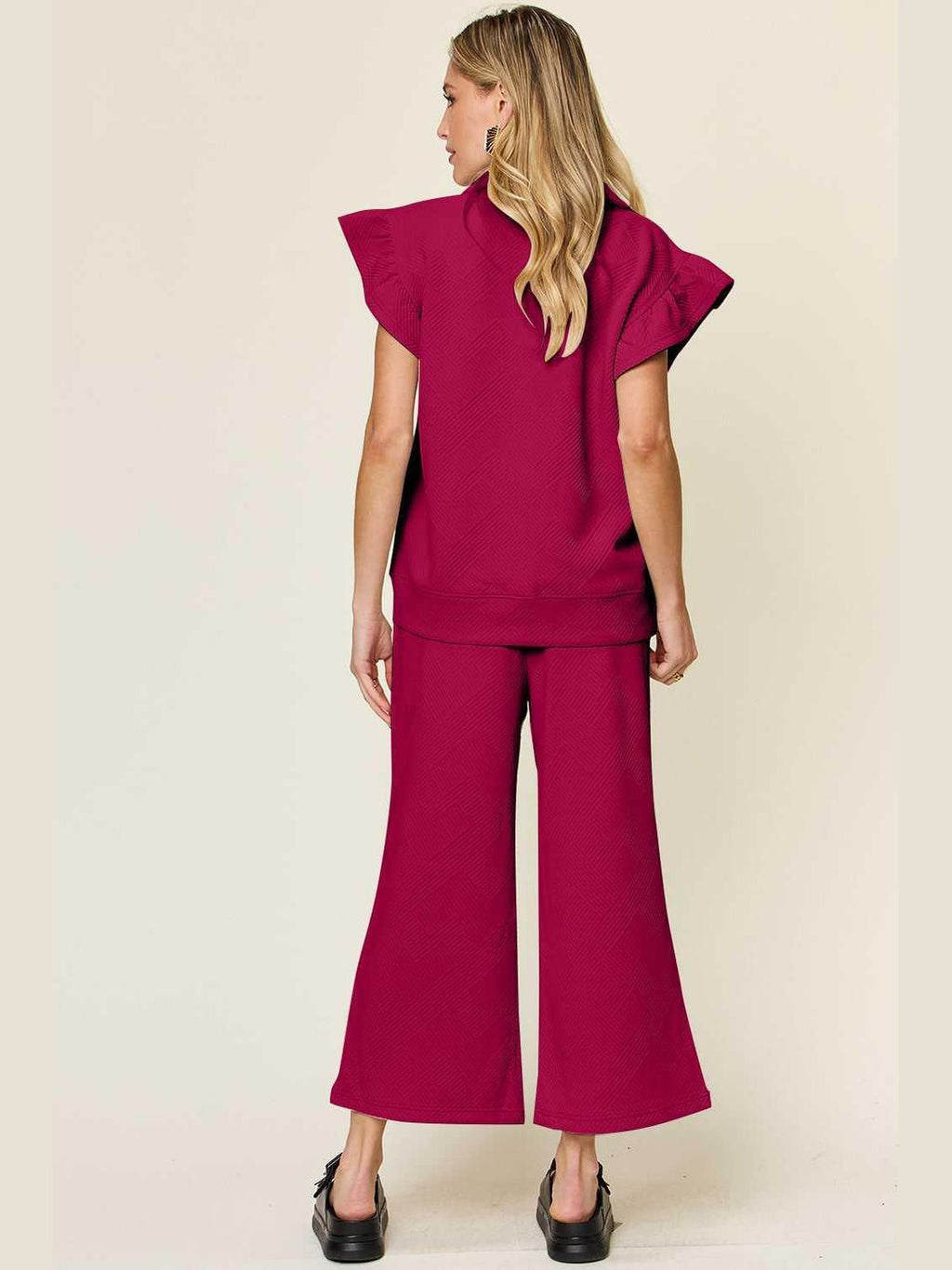 Ruffle Short Sleeve Top and Drawstring Wide Leg Pants Set -- 