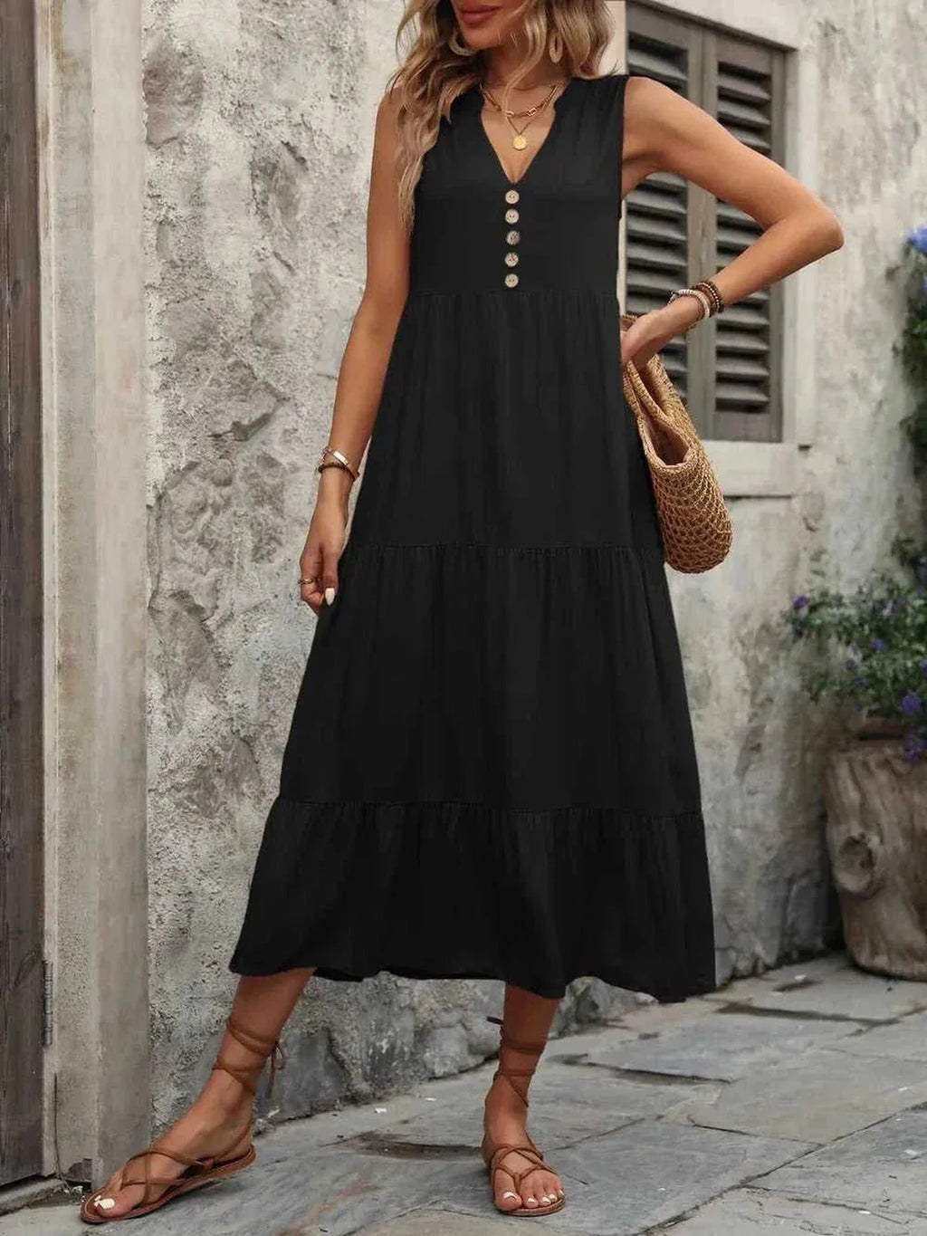 Ivy Lane Decorative Button Notched Sleeveless Dress -- 
