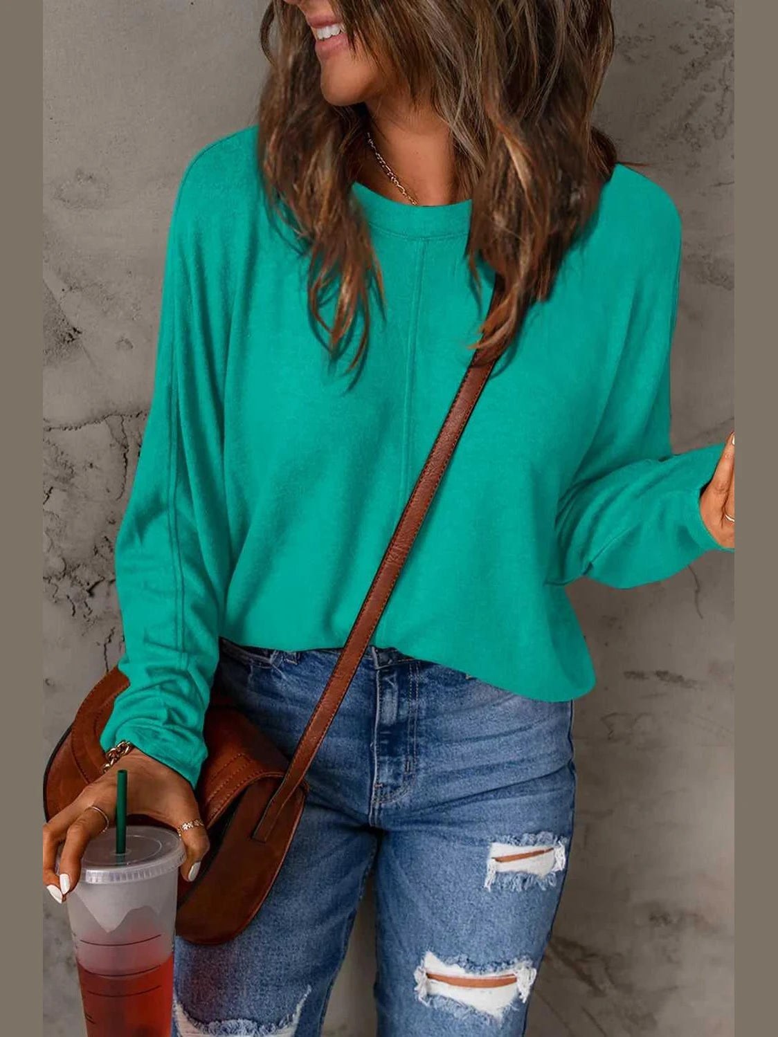 Double Take Full Size Round Neck Long Sleeve T-Shirt -- 