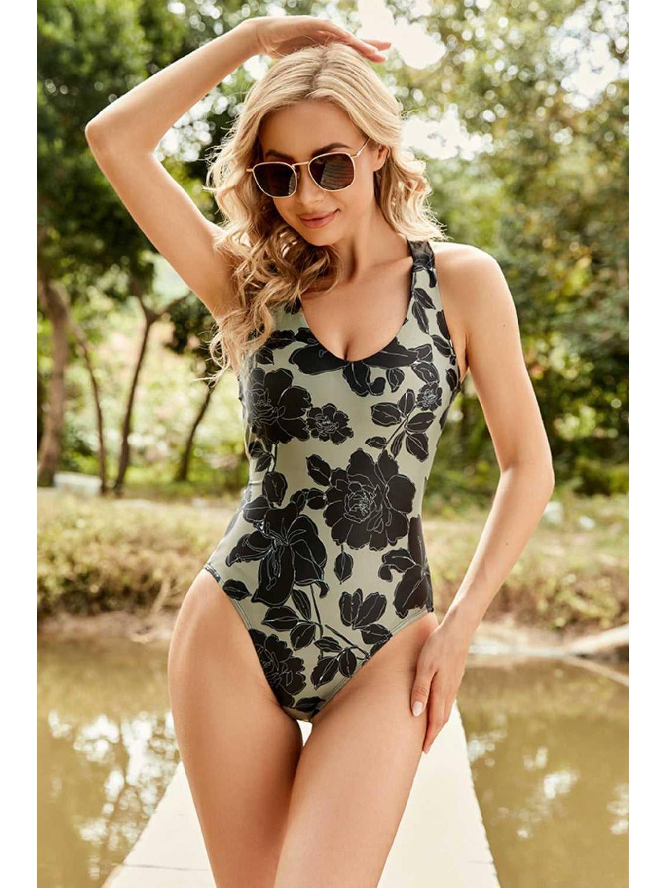 Crisscross Printed Scoop Neck One-Piece Swimwear -- 