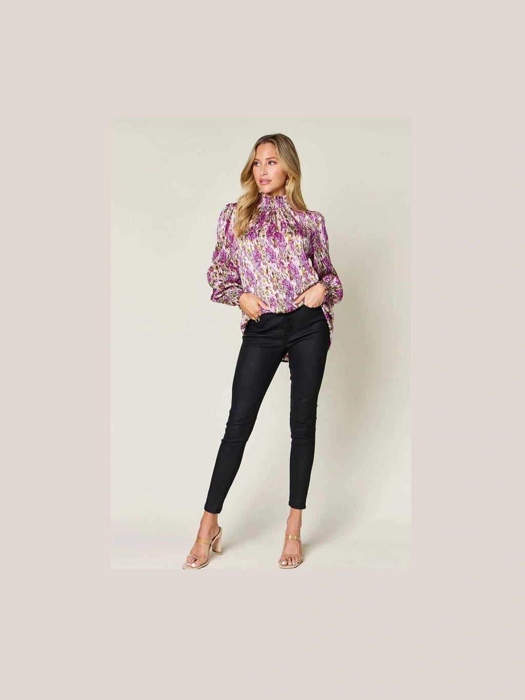 Double Take Full Size Printed Smocked Long Sleeve Blouse -- 