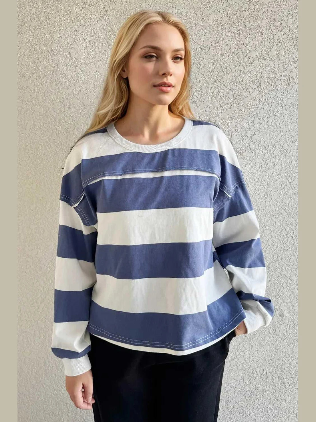 Oh Pima Cotton Wash Exposed Seam Contrast Striped Round Neck Long Sleeve T-Shirt -- 