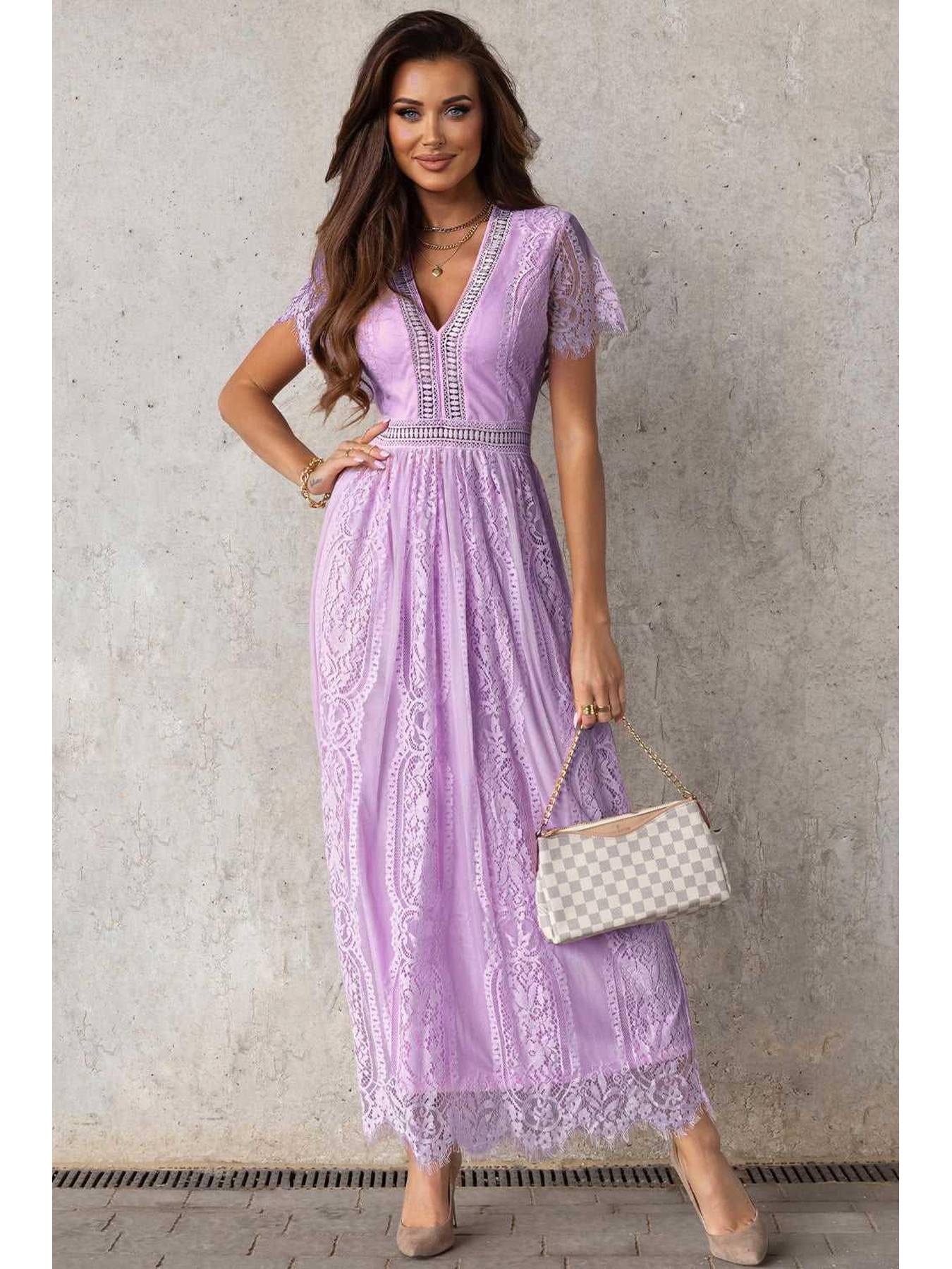 Scalloped Trim Lace Plunge Dress -- 