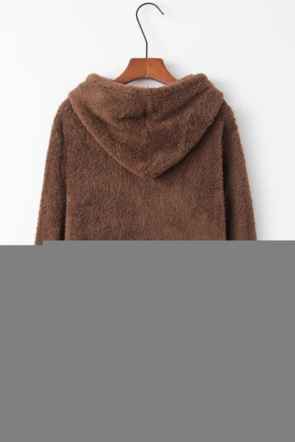 Full Size Quarter-Zip Drawstring Teddy Hoodie
