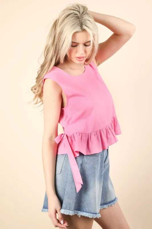 VERY J Side Tie Detail Ruffled Sleeveless Top