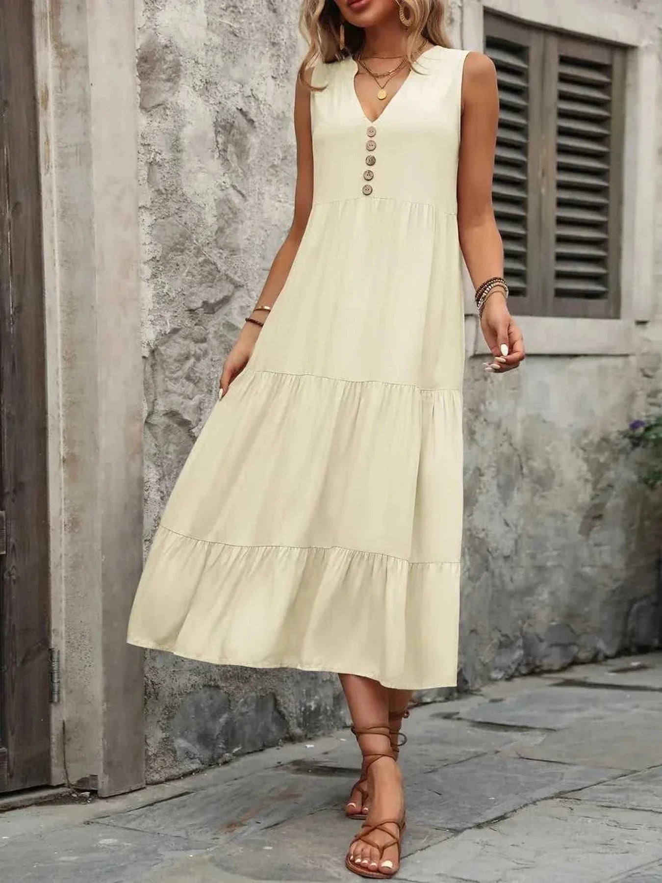 Ivy Lane Decorative Button Notched Sleeveless Dress -- 