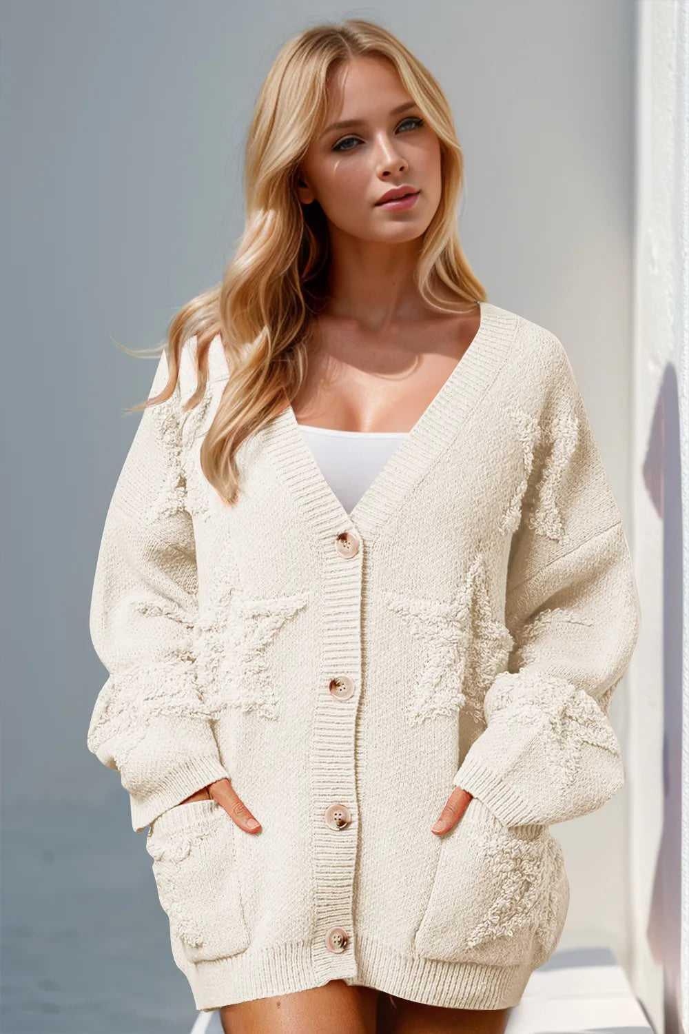 Double Take Full Size Button Up Star Pattern Cardigan -- 