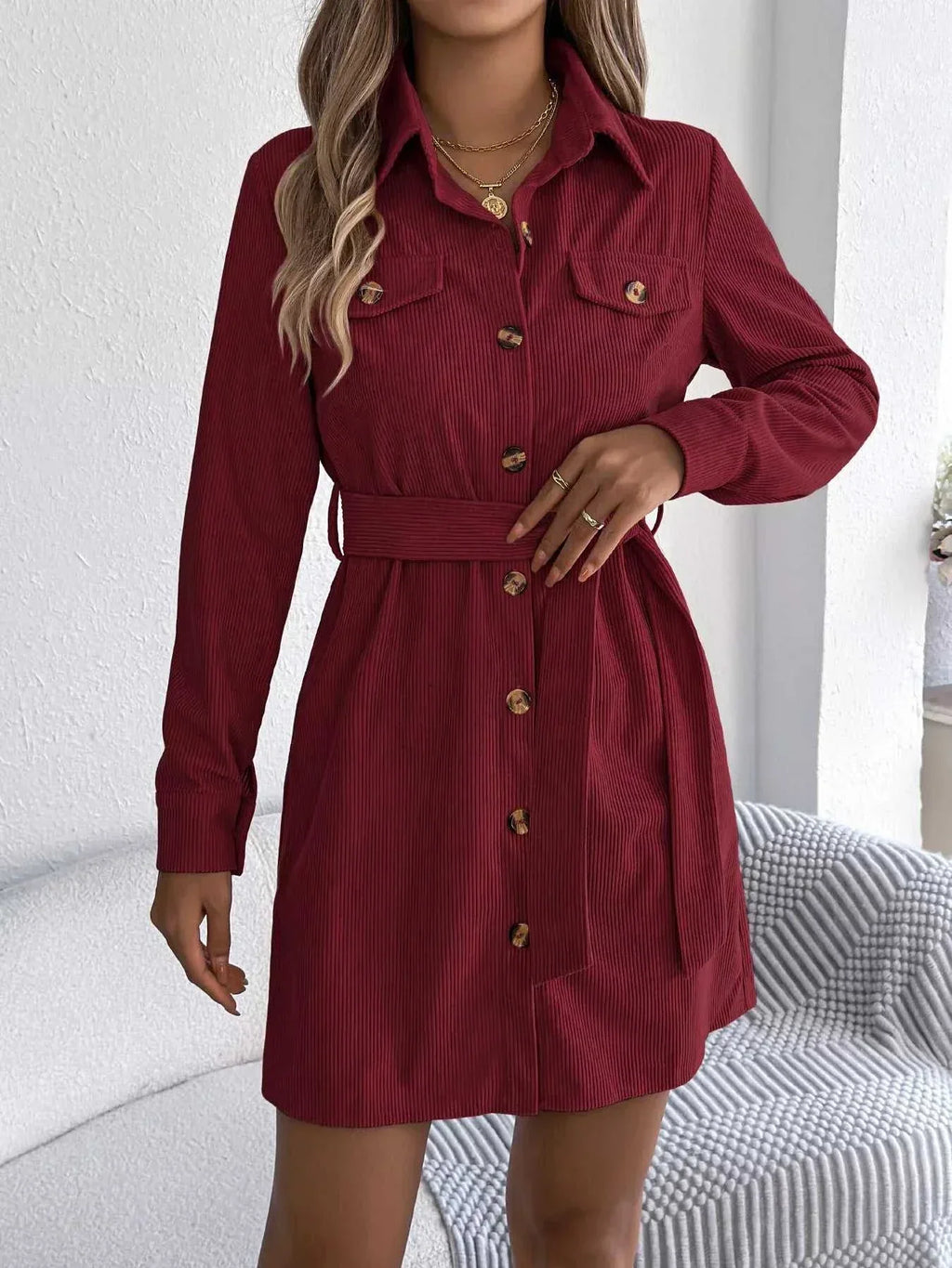 Button-Front Corduroy Shirt Dress -- 