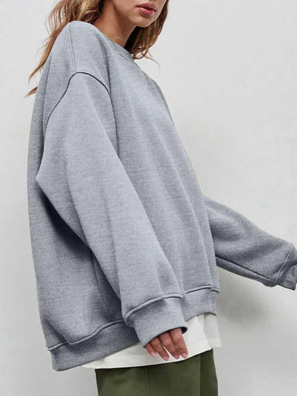 Round Neck Dropped Shoulder Long Sleeve Sweatshirt -- 