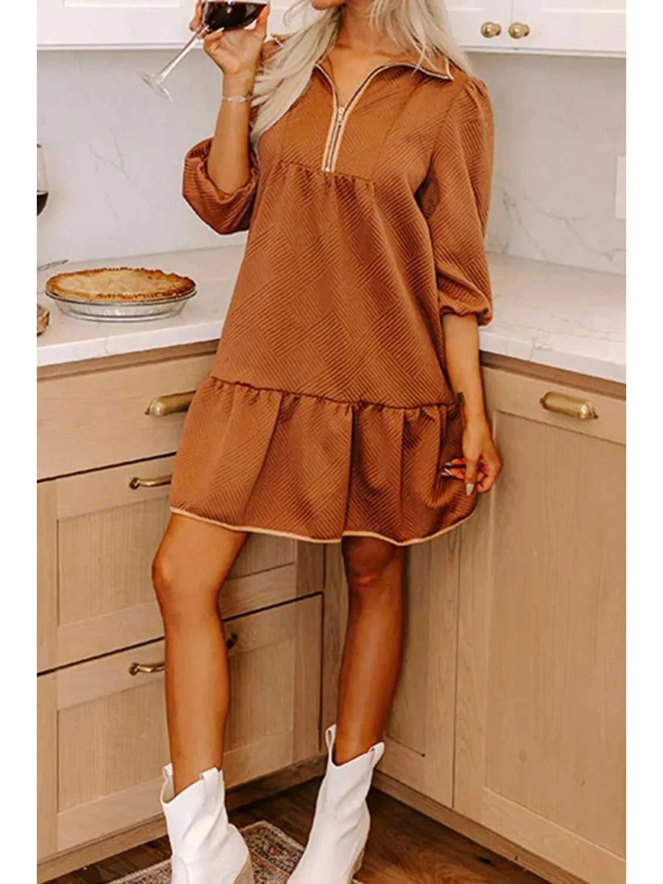 Ruffled Hem Zip Front Texture Dress -- 