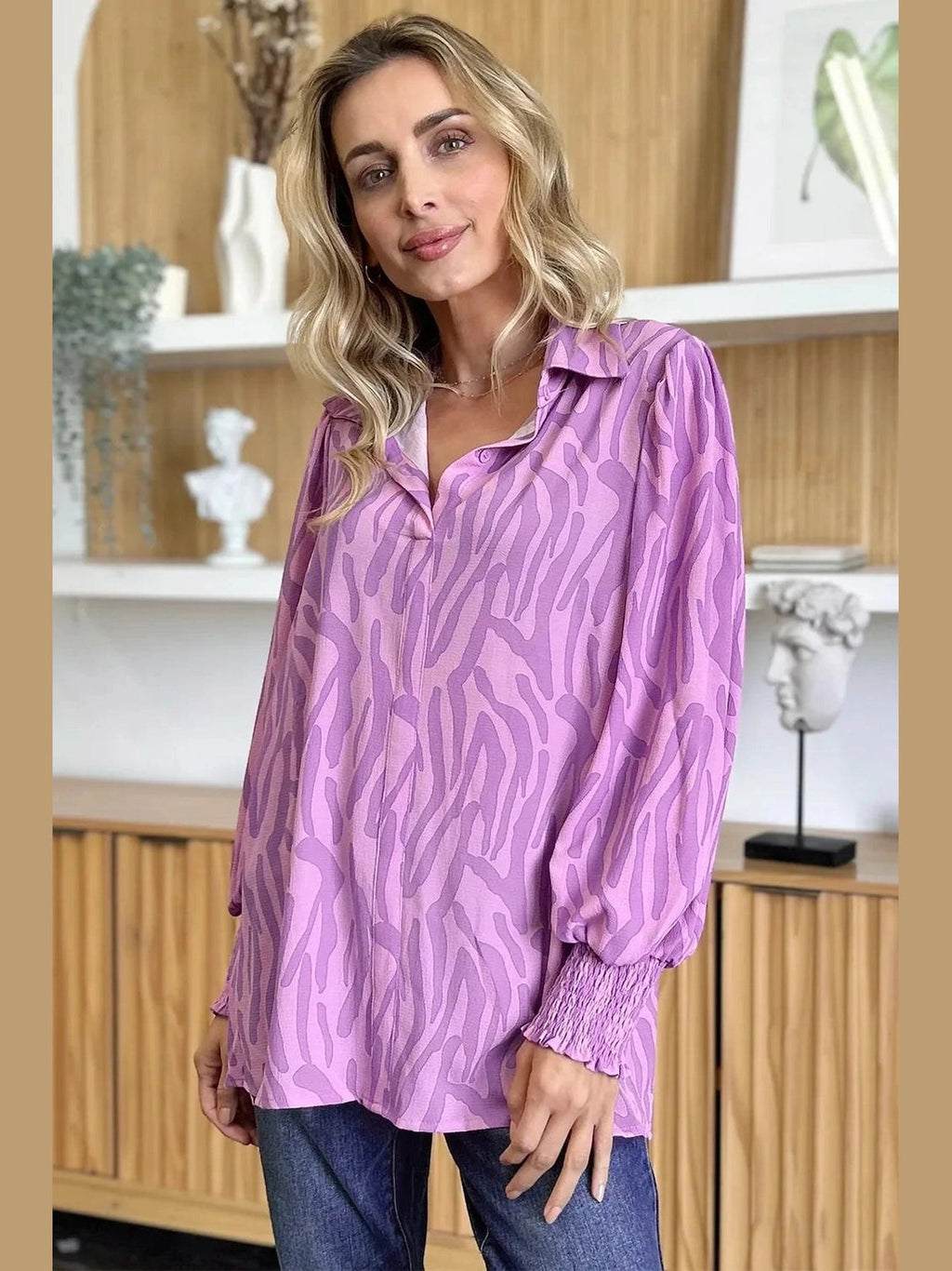 Double Take Full Size Printed Smocked Long Sleeve Blouse Plus Size -- 