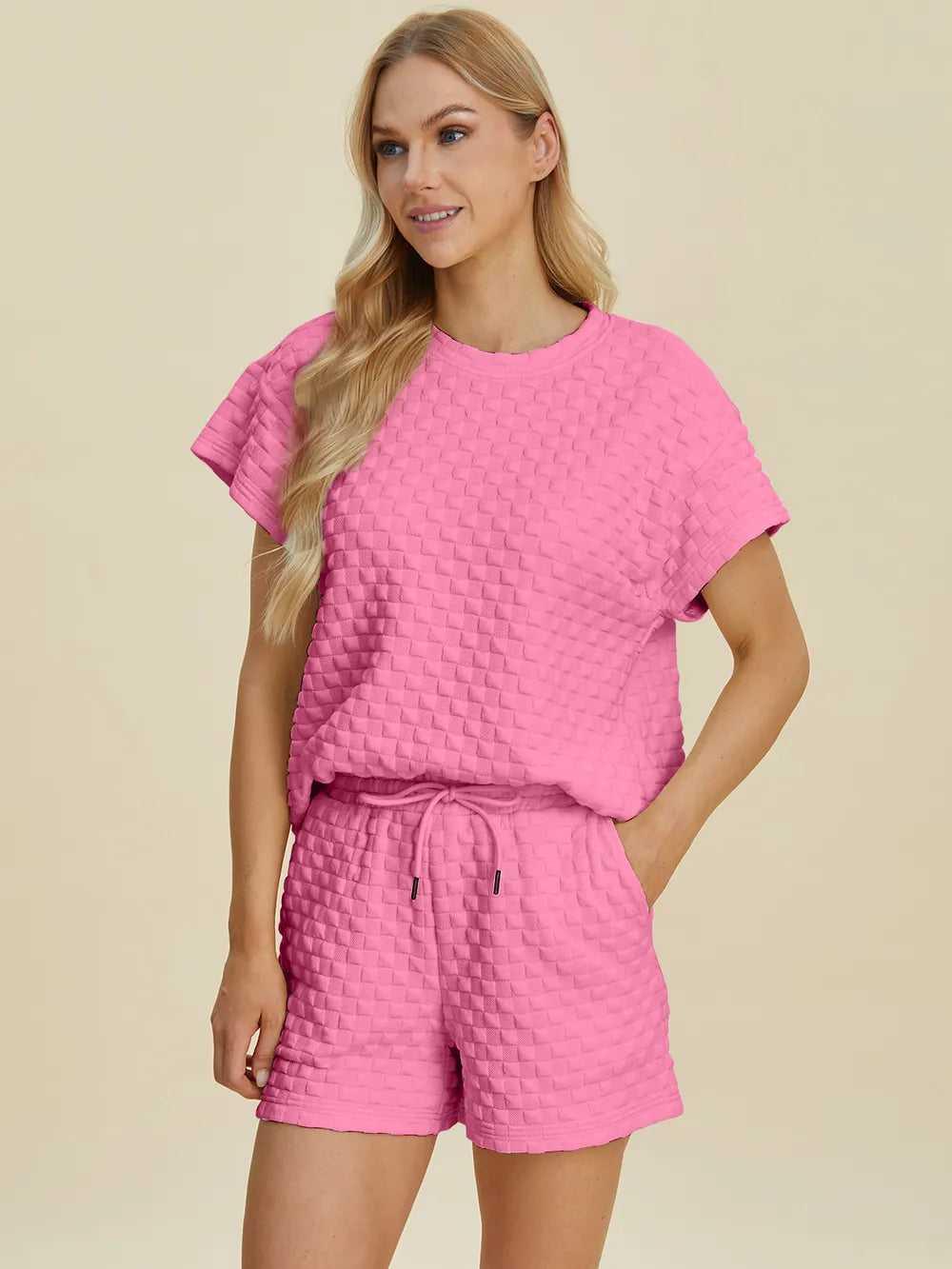 Double Take Full Size Texture T-Shirt and Shorts Set -- 