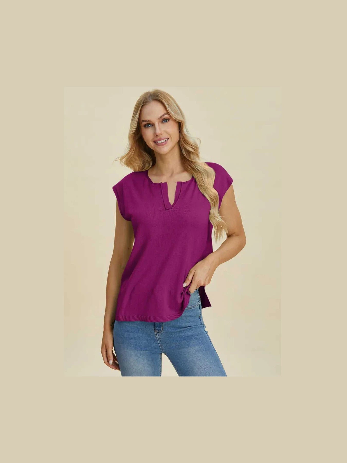 Double Take Full Size Notched Cap Sleeve Knit Top -- 
