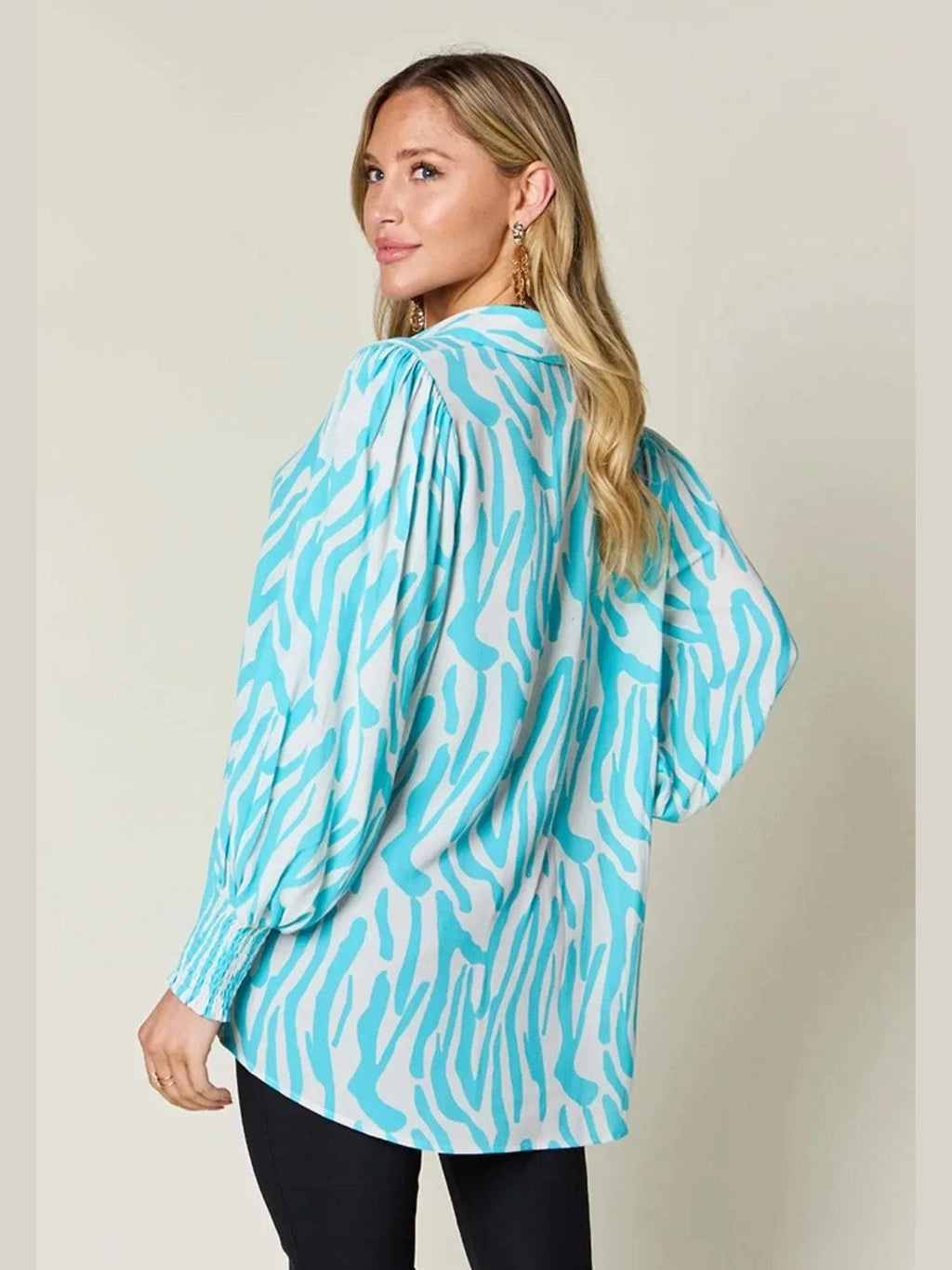 Double Take Full Size Printed Smocked Long Sleeve Blouse Plus Size -- 