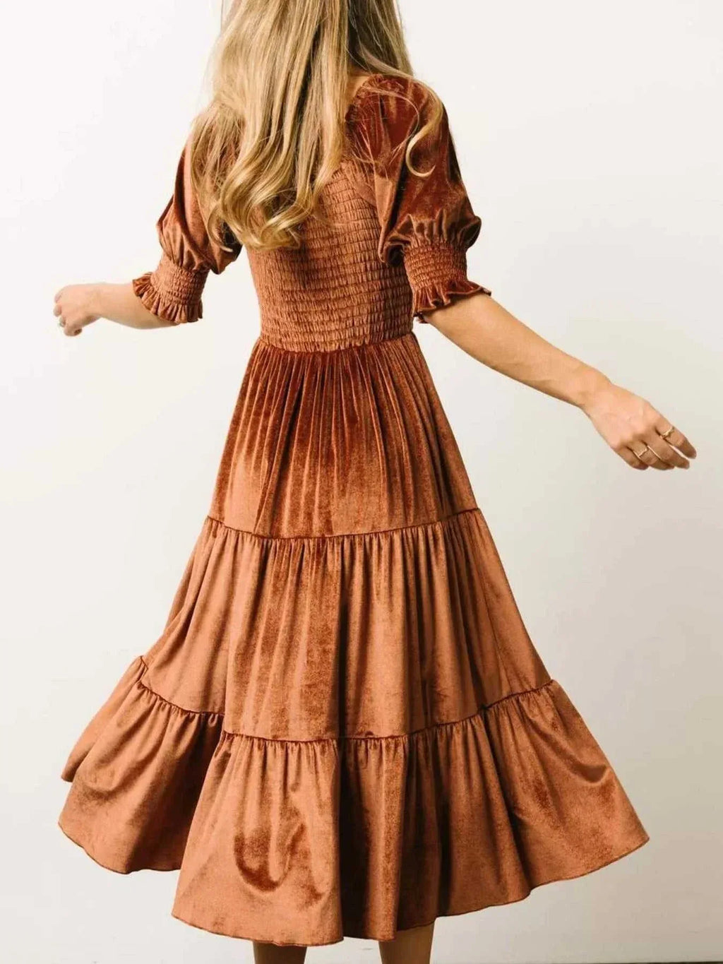 Velvet Smocked Tiered Midi Dress -- 