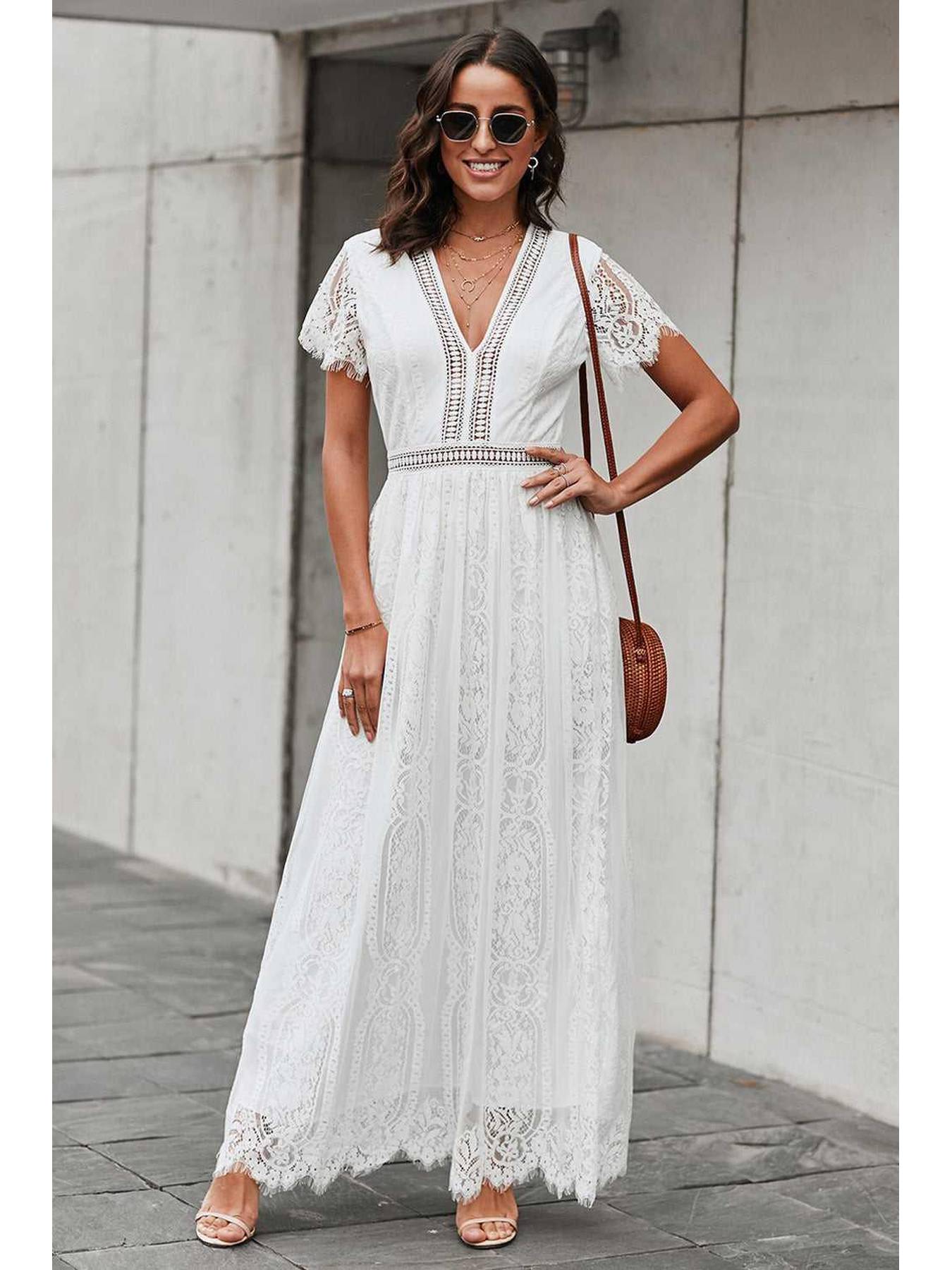 Scalloped Trim Lace Plunge Dress -- 
