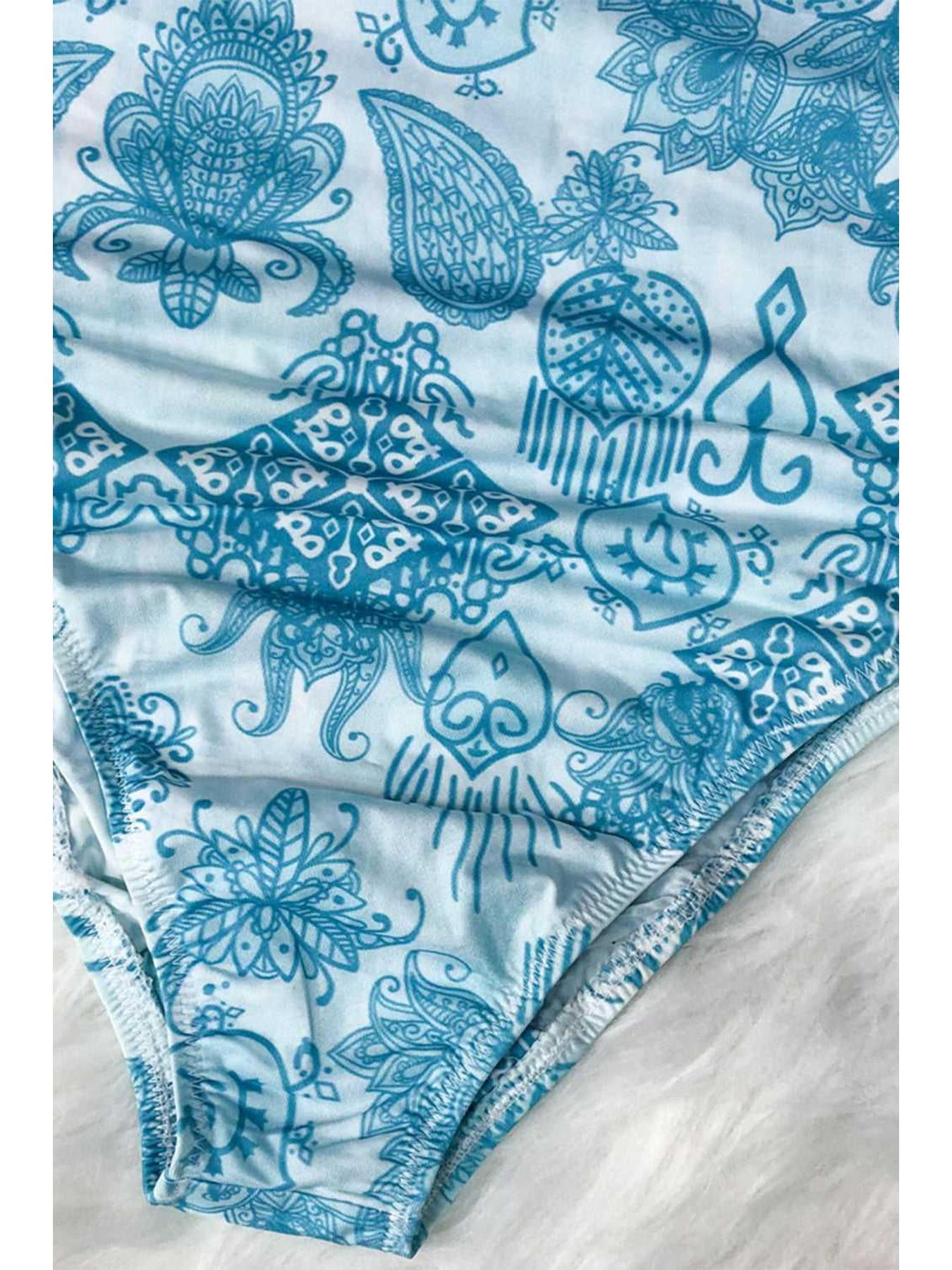 Printed Mock Neck Long Sleeve One-Piece Swimwear -- 