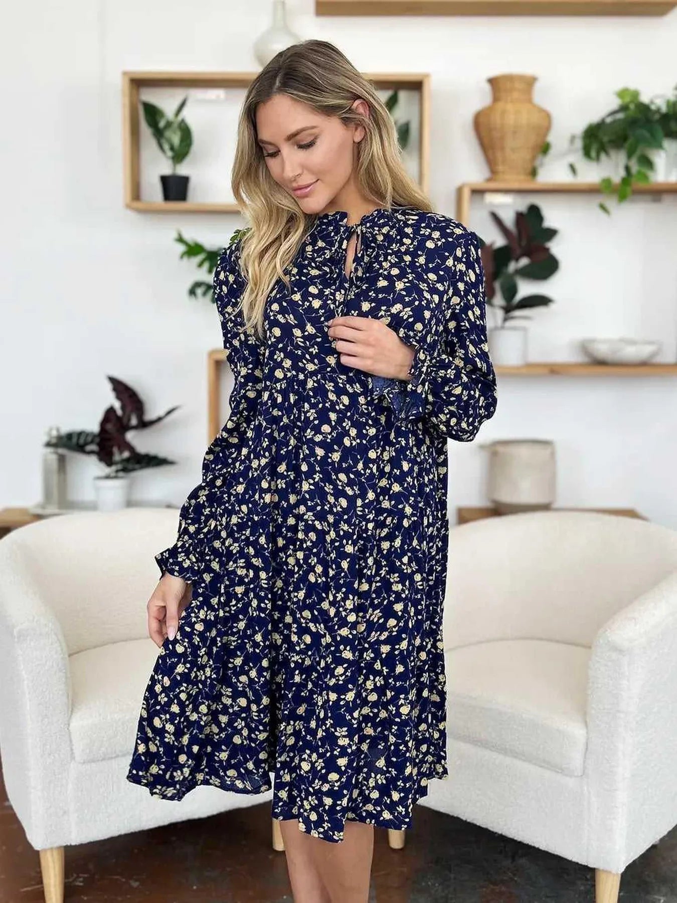 Double Take Full Size Printed Ruffle Hem Long Sleeve Tiered Dress -- 
