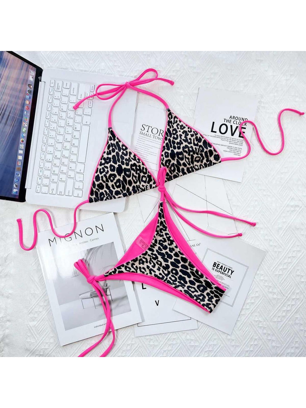 Leopard Print Halter Neck Tie Side Bikini Set -- 