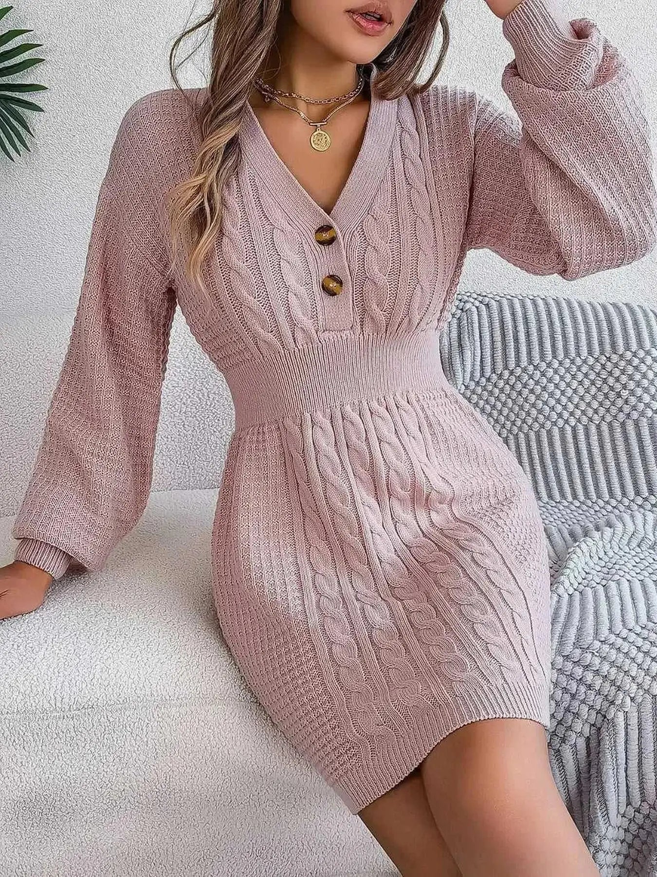 Buttoned Cable-Knit V-Neck Sweater Dress -- 