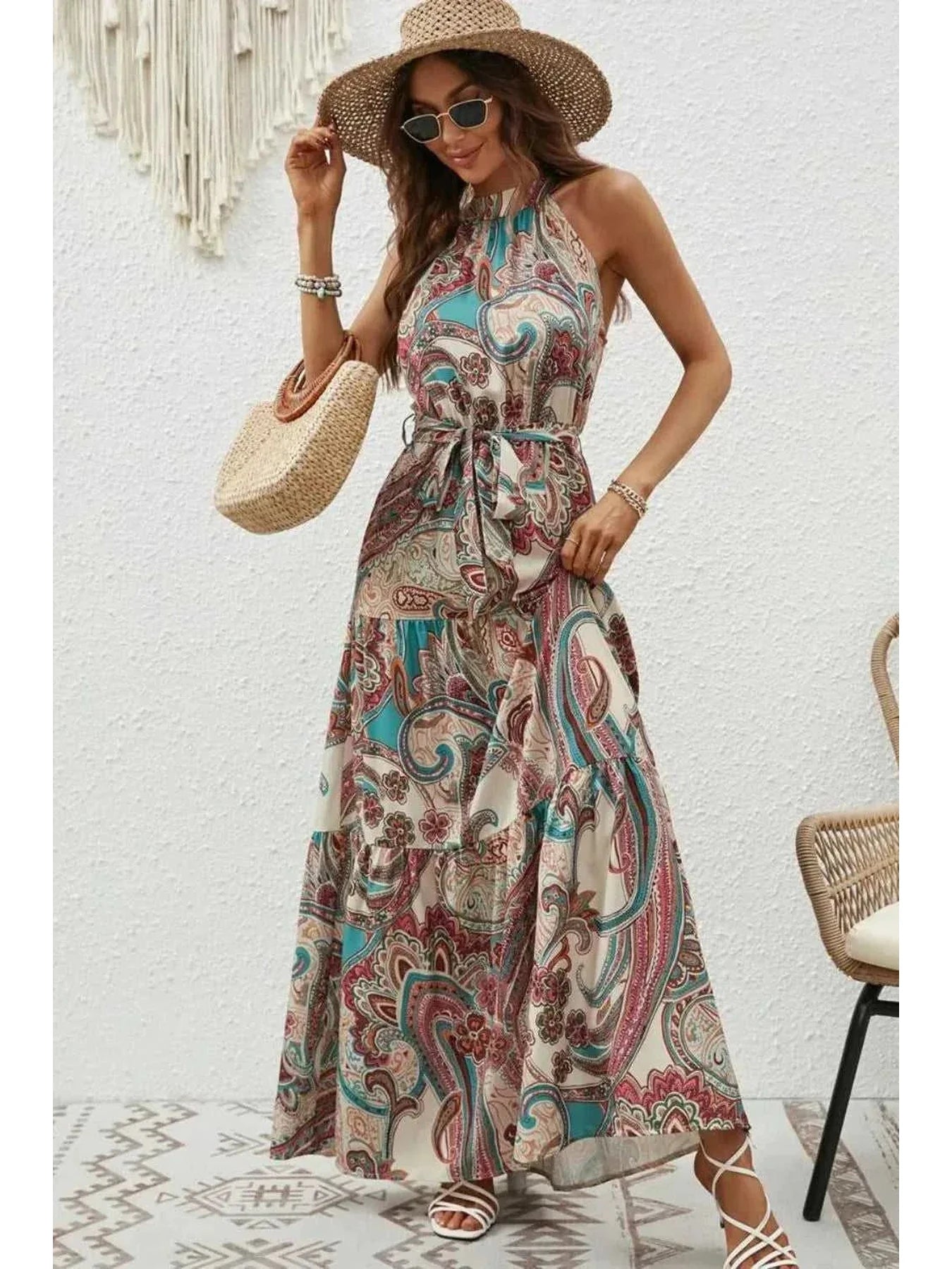 Tied Floral Sleeveless Dress -- 