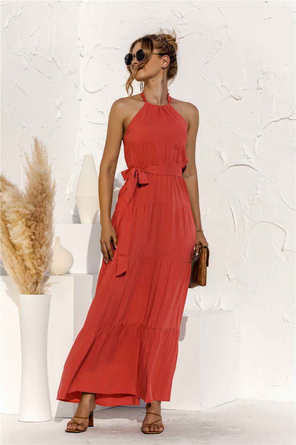 Halter Neck Tie Waist Tiered Maxi Dress - product_type from hopeford-streams.myshopify.com