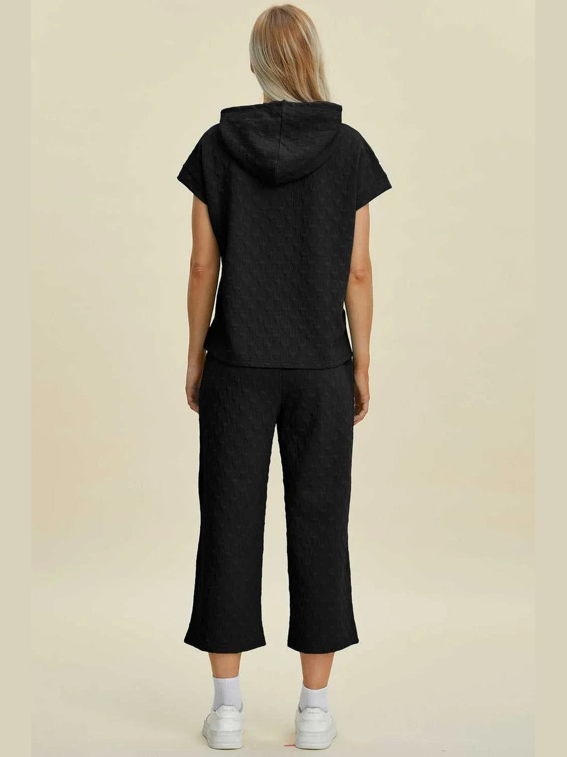 Double Take Full Size Texture Drawstring Short Sleeve Hoodie and Pocketed Pants Set -- 