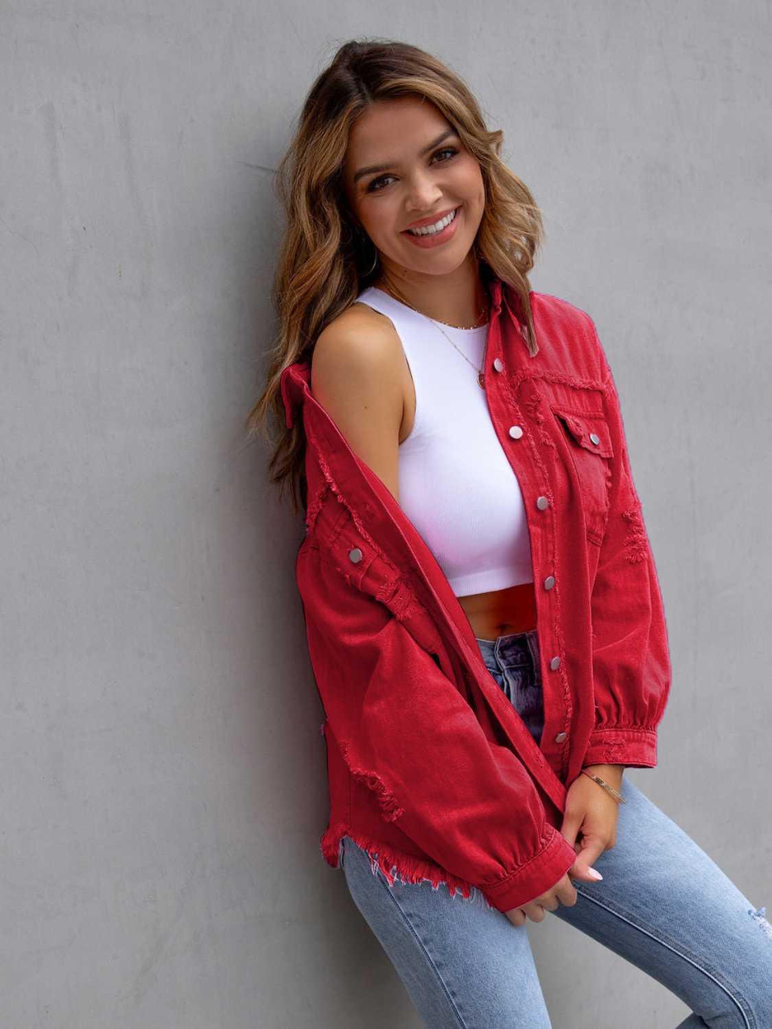 Distressed Drop Shoulder Denim Jacket -- 