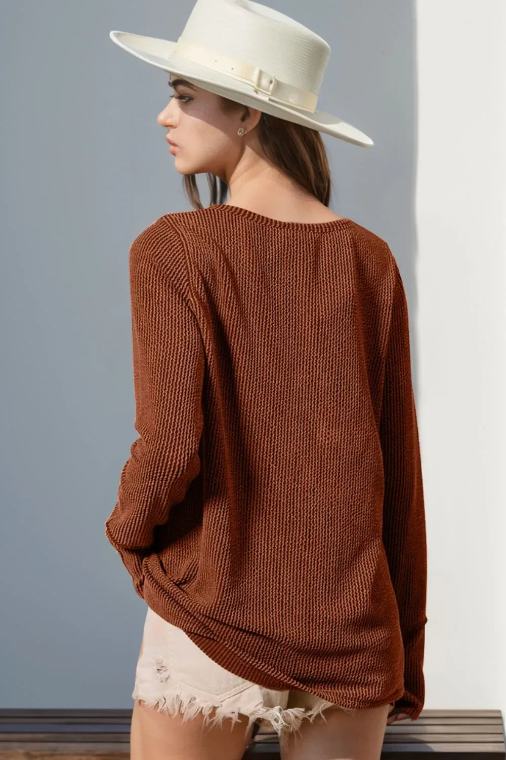 Double Take Full Size Notched Thumbhole Long Sleeve T-Shirt -- 