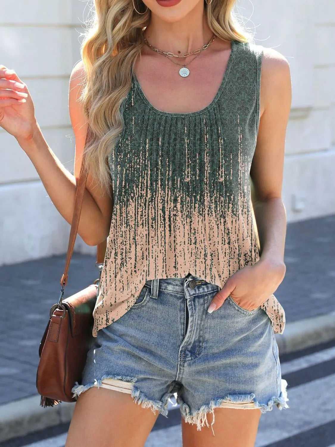 Printed Scoop Neck Wide Strap Tank -- 