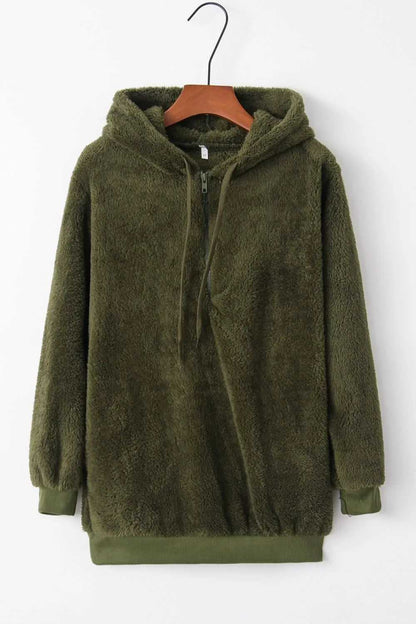 Full Size Quarter-Zip Drawstring Teddy Hoodie