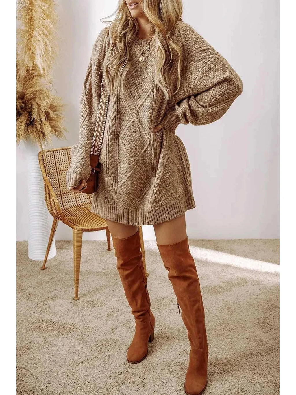 Cable-Knit Round Neck Sweater Dress -- 