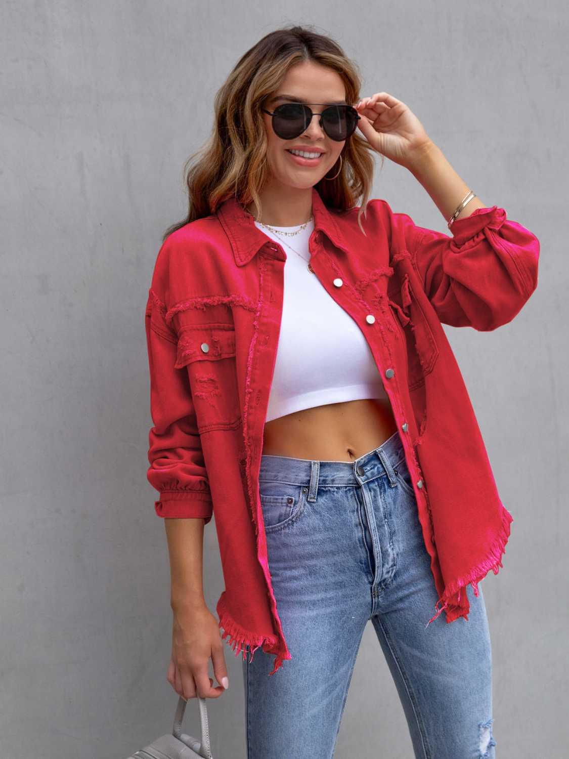 Distressed Drop Shoulder Denim Jacket -- 