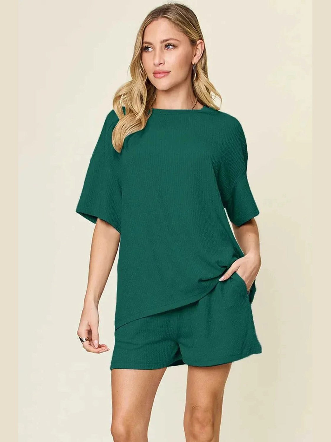 Double Take Basic style Round Neck Solid Set -- 