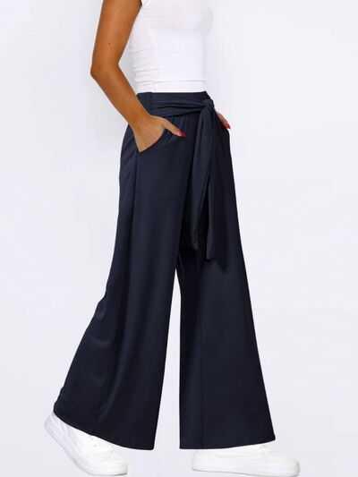 Tied Wide Leg Pants with Pockets -- 