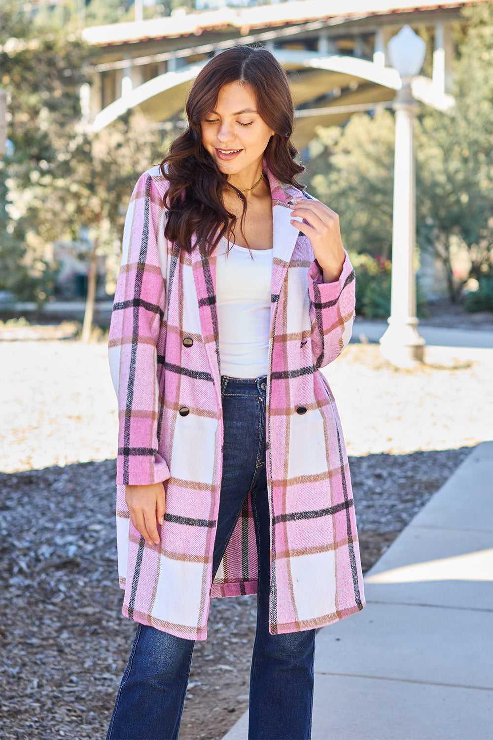 Double Take Full Size Plaid Button Up Lapel Collar Coat -- 